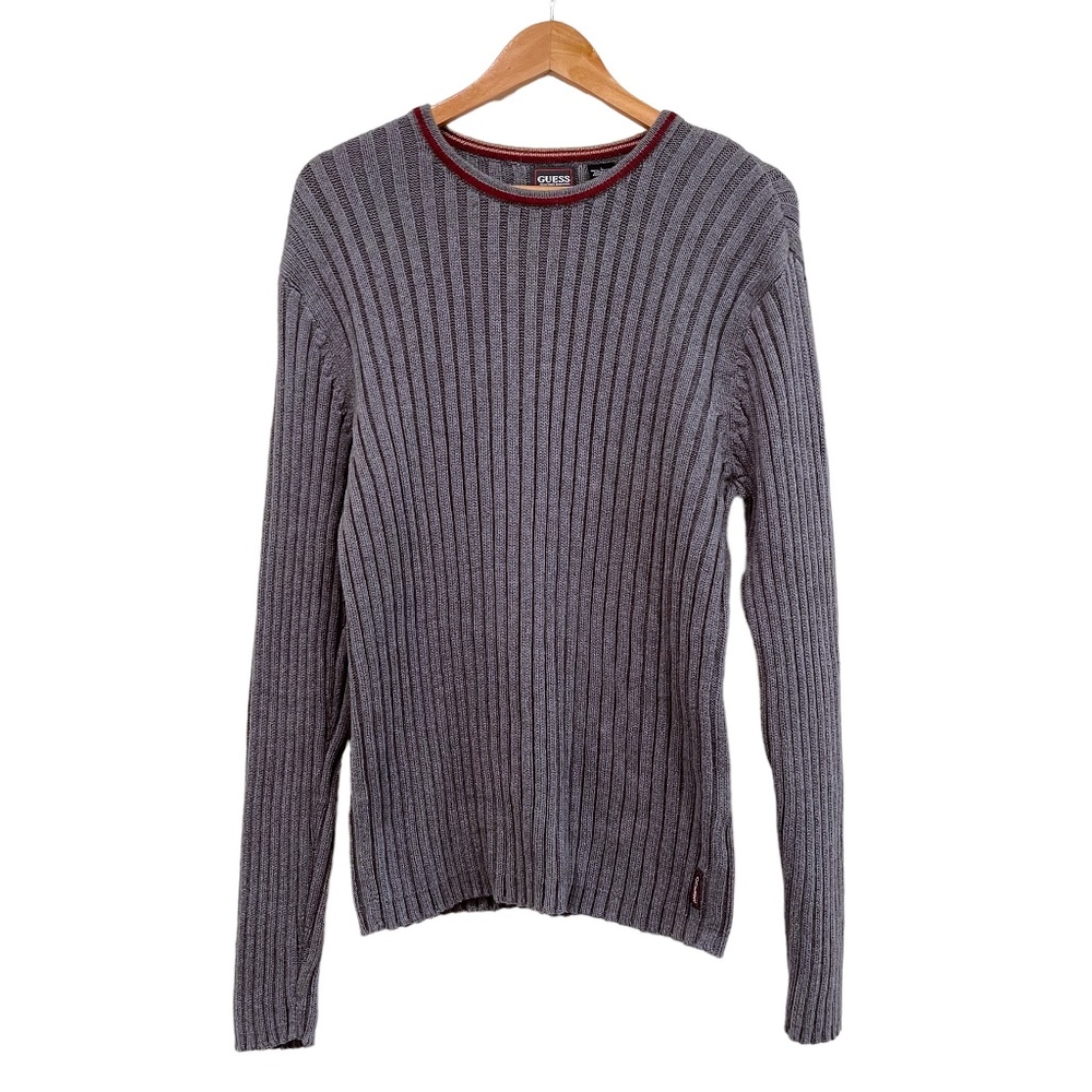 Guess Women's Ribbed Chunky Knit Gray Long Sleeve Round Neck Sweater, Size Large